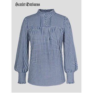 Scarlet Darkness Victorian Gingham Blouse Lantern Sleeves Blue White‎ Size M